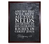 Artery8 Wall Art Print Philippians 4:19 GOD Will Meet All Your Needs Christ Jesus Christian Bible Verse Quote Scripture Typography Art Framed Artery8 Brown W12" x H16"