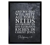 Artery8 Wall Art Print Philippians 4:19 GOD Will Meet All Your Needs Christ Jesus Christian Bible Verse Quote Scripture Typography Art Framed Artery8 Black W12" x H16"