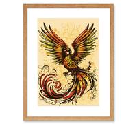 Artery8 Wall Art Print Phoenix Emerging from Flames Tattoo Ink Body Art Rockabilly Americana 50s Artwork Framed 9X7 Inch in Beige | Size: W7" x H9" Artery8 Beige W7" x H9"
