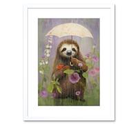 Artery8 Wall Art Print Picking Flowers in the Rain Oil Painting Cute Sloth w/ an Umbrella in a Wildflower Meadow Kids Bedroom Artwork Framed 9X7 Inch Artery8 White W7" x H9"
