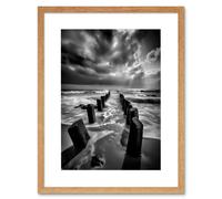 Artery8 Wall Art Print Pier Ruins Black & White Dramatic Coastal Photo Artwork Framed 9X7 Inch in Beige | Size: W7" x H9" Artery8 Beige W7" x H9"