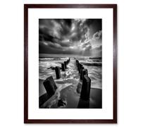 Artery8 Wall Art Print Pier Ruins Black & White Dramatic Coastal Photo Artwork Framed 9X7 Inch in Brown | Size: W7" x H9" Artery8 Brown W7" x H9"