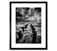 Artery8 Wall Art Print Pier Ruins Black & White Dramatic Coastal Photo Artwork Framed 9X7 Inch | Size: W7" x H9" Artery8 Black W7" x H9"