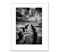 Artery8 Wall Art Print Pier Ruins Black & White Dramatic Coastal Photo Artwork Framed 9X7 Inch | Size: W7" x H9" Artery8 White W7" x H9"