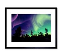 Artery8 Wall Art Print Pine Trees Silhouette Northern Lights Art Framed 9X7 Inch