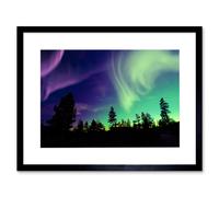 Wall Art Print Pine Trees Silhouette Northern Lights Art Framed 9x7 inch Artery8 Black W7 inch x H9 inch