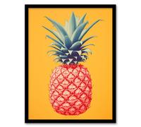 Artery8 Wall Art Print Pineapple Bold Vibrant Rich Red & Blue On Yellow Screen Risograph Artwork Spot Block Colour Retro Riso Kitchen Interior Design Artery8 Black W12" x H16"