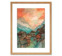 Artery8 Wall Art Print Pink Dawn Atmospheric Clouds Over Small Mountain Village in the Alps Modern Watercolour Painting Artwork Framed 9X7 Inch Artery8 Beige W7" x H9"