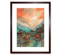 Artery8 Wall Art Print Pink Dawn Atmospheric Clouds Over Small Mountain Village in the Alps Modern Watercolour Painting Artwork Framed 9X7 Inch Artery8 Brown W7" x H9"