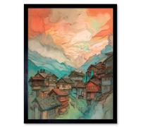 Artery8 Wall Art Print Pink Dawn Atmospheric Clouds Over Small Mountain Village in the Alps Modern Watercolour Painting Art Framed Artery8 Black W12" x H16"