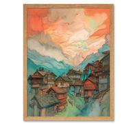Artery8 Wall Art Print Pink Dawn Atmospheric Clouds Over Small Mountain Village in the Alps Modern Watercolour Painting Art Framed Artery8 Light Oak W12" x H16"
