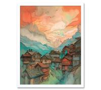 Artery8 Wall Art Print Pink Dawn Atmospheric Clouds Over Small Mountain Village in the Alps Modern Watercolour Painting Art Framed Artery8 White W12" x H16"