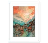 Artery8 Wall Art Print Pink Dawn Atmospheric Clouds Over Small Mountain Village in the Alps Modern Watercolour Painting Artwork Framed 9X7 Inch Artery8 White W7" x H9"