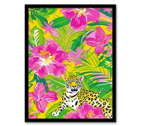 Artery8 Pink Lily Tropical Flower Pattern with Leopard For Living Room Artwork Framed Wall Art Print A4