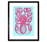 Artery8 Wall Art Print Pink Octopus Blue Art Framed 9x7 inch in Black | Size: W7" x H9" Artery8 Black W7" x H9"