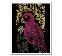 Artery8 Wall Art Print Pink Parrot Bird Black Gold Tropical Plants Modern Vintage Linocut Art Framed in White | Size: W12" x H16" Artery8 White W12" x H16"