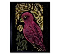 Artery8 Framed Wall Art Pink Parrot Bird Black Gold Tropical Plants Modern Vintage Linocut - 12X16 Inch