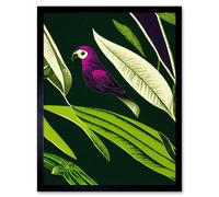 Artery8 Wall Art Print Pink Parrot & Tropical Plant Leaves Vintage Linocut Pattern Detail Art Framed in Black | Size: W12" x H16" Artery8 Black W12" x H16"