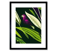 Artery8 Wall Art Print Pink Parrot & Tropical Plant Leaves Vintage Linocut Pattern Detail Artwork Framed 9X7 Inch in Black | Size: W7" x H9" Artery8 Black W7" x H9"