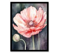 Wall Art Print Pink Poppy Flower Pastel Watercolour Painting Spring Bud And Bloom Close-Up Nature Colourful Bright Floral Modern Artwork Art Framed Artery8 Pink A4