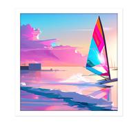Artery8 Wall Art Print Pink Skies Seascape Windsurfer Windsurfing Bright Vibrant Watercolour Sport Square Framed Picture 16X16 Inch Artery8 White W16" x H16"