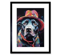 Artery8 Wall Art Print Pit Bull Terrier Dog Red Cowboy Hat Portrait Artwork Framed 9X7 Inch