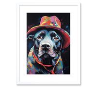 Artery8 Wall Art Print Pit Bull Terrier Dog Red Cowboy Hat Portrait Artwork Framed 9X7 Inch in White | Size: W7" x H9" Artery8 White W7" x H9"
