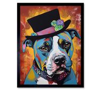 Artery8 Wall Art Print Pit Bull Wearing Flower Top Hat Modern Pop Art Framed in Black | Size: W12" x H16" Artery8 Black W12" x H16"