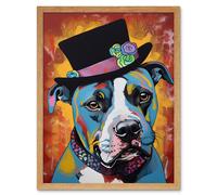 Artery8 Wall Art Print Pit Bull Wearing Flower Top Hat Modern Pop Art Framed in Light Oak | Size: W12" x H16" Artery8 Light Oak W12" x H16"