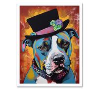 Artery8 Wall Art Print Pit Bull Wearing Flower Top Hat Modern Pop Art Framed in White | Size: W12" x H16" Artery8 White W12" x H16"