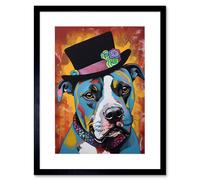 Artery8 Wall Art Print Pit Bull Wearing Flower Top Hat Modern Pop Artwork Framed 9X7 Inch in Black | Size: W7" x H9" Artery8 Black W7" x H9"