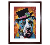 Artery8 Wall Art Print Pit Bull Wearing Flower Top Hat Modern Pop Artwork Framed 9X7 Inch in Brown | Size: W7" x H9" Artery8 Brown W7" x H9"