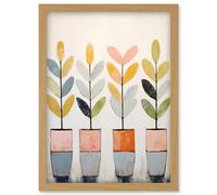 Artery8 Plant Pots Simple Pastel Colour Oil Painting Bright Pink Green Blue Boho Artwork Framed Wall Art Print A4
