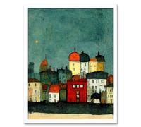Artery8 Wall Art Print Playful Town Skyline Scene At Night With Pastels & Ink Art Framed in White | Size: W12" x H16" Artery8 White W12" x H16"