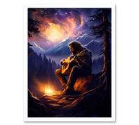 Artery8 Wall Art Print Playing Guitar By A Campfire Oil Painting Purple Orange Storm Brewing in Mountain Forest Landscape Art Framed Artery8 White W12" x H16"
