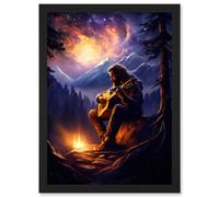 Artery8 Playing Guitar By A Campfire Oil Painting Purple Orange Storm Brewing in Mountain Forest Landscape Artwork Framed Wall Art Print A4