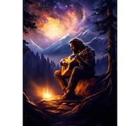 Artery8 Wall Art Print Playing Guitar By A Campfire Oil Painting Purple Orange Storm Brewing in Mountain Forest Landscape Poster | Size: W12" x H16" Artery8 Multicolor W12" x H16"