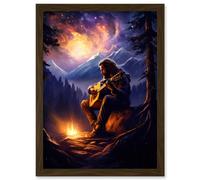 Artery8 Playing Guitar By A Campfire Oil Painting Purple Orange Storm Brewing in Mountain Forest Landscape Artwork Framed Wall Art Print A4