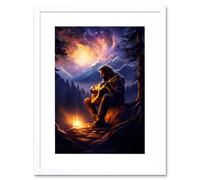 Artery8 Wall Art Print Playing Guitar By A Campfire Oil Painting Purple Orange Storm Brewing in Mountain Forest Landscape Artwork Framed 9X7 Inch Artery8 White W7" x H9"