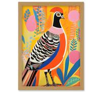 Wall Art Print Pleasant Pheasant Bright Bold Vibrant Colourful Grassland Acrylic Painting Artwork Orange Pink Blue Folk Artwork Framed A4 Artery8 Light Oak A4
