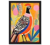 Artery8 Pleasant Pheasant Bright Bold Vibrant Colourful Grassland Acrylic Painting Artwork Orange Pink Blue Folk Art Artwork Framed Wall Art Print A4
