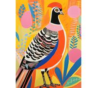 Artery8 Wall Art Print Pleasant Pheasant Bright Bold Vibrant Colourful Grassland Acrylic Painting Artwork Orange Pink Blue Folk Art Poster Artery8 Multicolor W24" x H32"