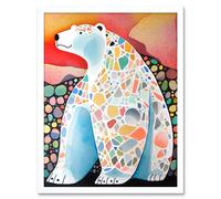 Artery8 Wall Art Print Polar Bear With Mosaic Pattern Folk Art Framed in White | Size: W12" x H16" Artery8 White W12" x H16"