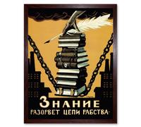 Artery8 Wall Art Print Political Propaganda 1920 Knowledge Will Break the Chains of Slavery Soviet Union Vintage Poster Art Framed Artery8 Brown W12" x H16"