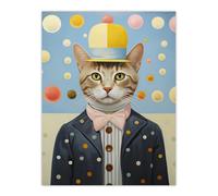 Artery8 Wall Art Print Polka Dot Cat Surreal Oil Painting Quirky Pet Portrait with Hat & Bow Tie Kids Bedroom Artwork Poster | Size: W24" x H32" Artery8 Blue W24" x H32"
