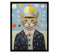Artery8 Framed Wall Art Polka Dot Cat Surreal Oil Painting Quirky Pet Portrait With Hat And Bow Tie Kids Bedroom - 12X16 Inch