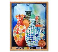 Artery8 Wall Art Print Polka Dot Glazed Porcelain Ceramic Vases Folk Art Framed in Light Oak | Size: W12" x H16" Artery8 Light Oak W12" x H16"