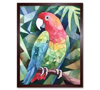 Artery8 Wall Art Print Polygon Parrot Bird On Tree Branch Watercolour Painting Art Framed in Brown | Size: W12" x H16" Artery8 Brown W12" x H16"