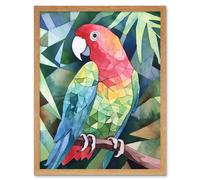 Artery8 Wall Art Print Polygon Parrot Bird On Tree Branch Watercolour Painting Art Framed in Light Oak | Size: W12" x H16" Artery8 Light Oak W12" x H16"