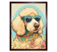 Artery8 Wall Art Print Poodle Dog with Sunglasses & Bandana in Daisies Modern Multicoloured Art Framed in Brown | Size: W12" x H16" Artery8 Brown W12" x H16"